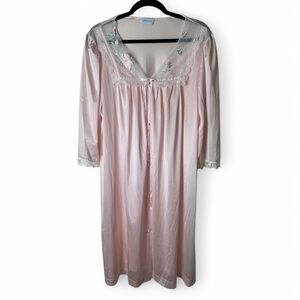 Lorraine - Women’s Vintage Nylon Pink Robe‎ Lace Embroidery Details Floral Sz. L